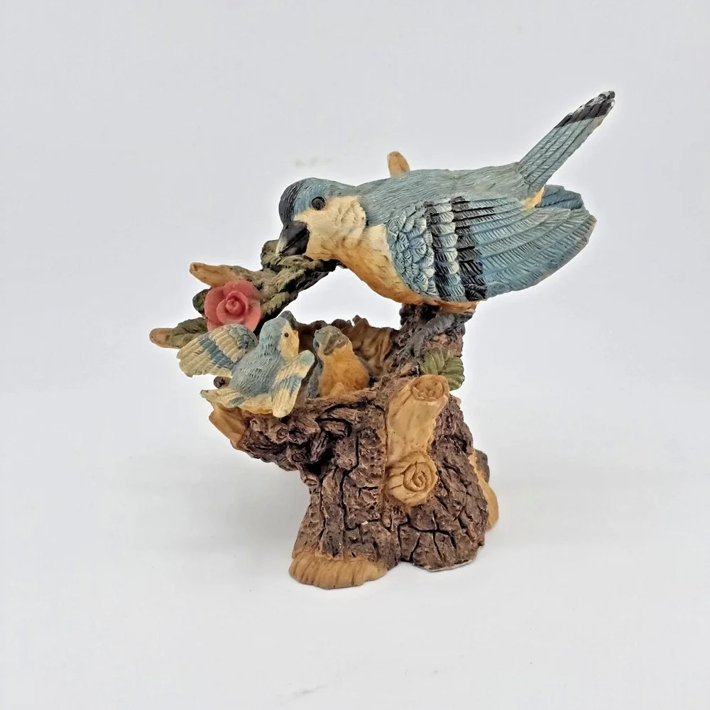 Bluebird Family Figurine Mother & 2 Chicks Hand Painted Resin